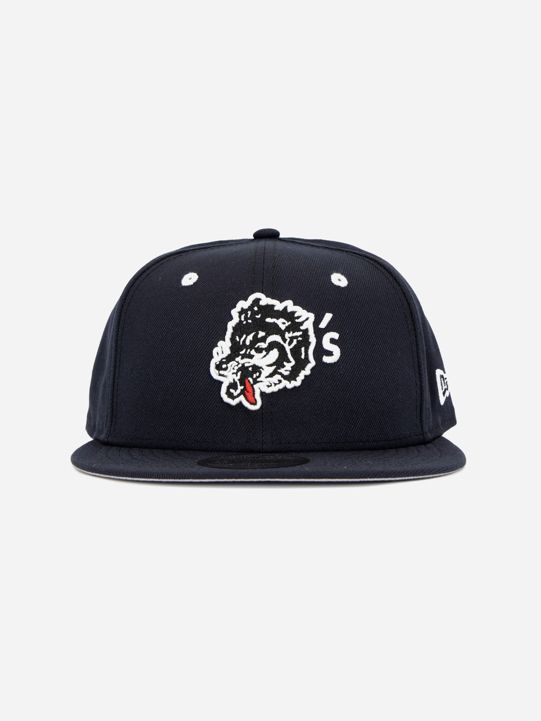 Wolf’s Head x New Era Navy 9FIFTY Snapback Hat front - Quality Headwear with custom wolf embroidery. Available at Wolf's Head.