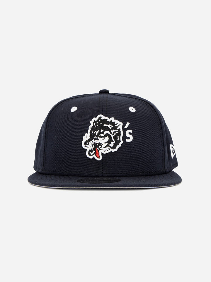 Wolf’s Head x New Era Navy 9FIFTY Snapback Hat front - Quality Headwear with custom wolf embroidery. Available at Wolf's Head.
