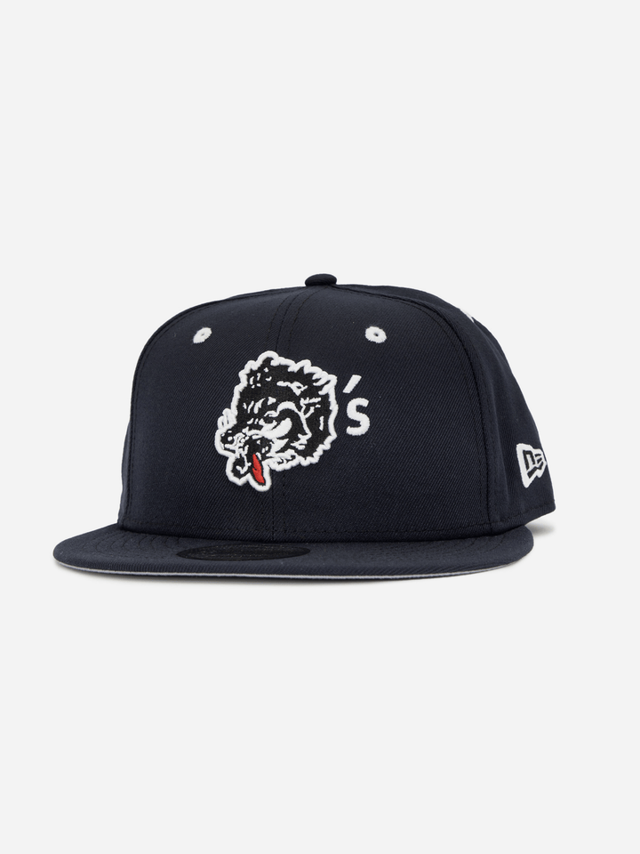 Wolf’s Head x New Era Navy 9FIFTY Snapback Hat front left- Quality Headwear with custom wolf embroidery. Available at Wolf's Head.