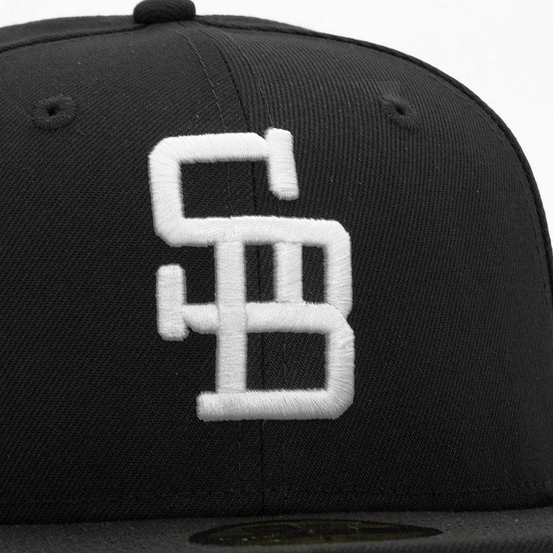 Santa Barbara Dodgers New Era 59FIFTY Black Fitted Hat Front Detail - Quality Headwear with SB dodgers embroidery. Available at Wolf's Head. Ships free in the US for orders $35+