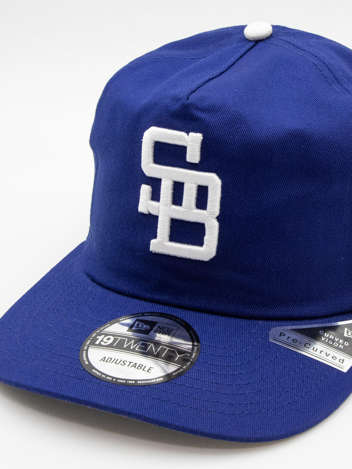 Santa Barbara Dodgers New Era 19TWENTY Royal Blue Golfer Hat Front Detail - Quality Headwear with SB dodgers embroidery. Available at Wolf's Head. Ships free in the US for order $35+