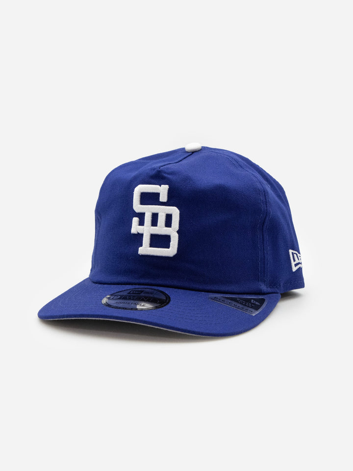 Santa Barbara Dodgers New Era 19TWENTY Royal Blue Golfer Hat Front Left - Quality Headwear with SB dodgers embroidery. Available at Wolf's Head. Ships free in the US for order $35+