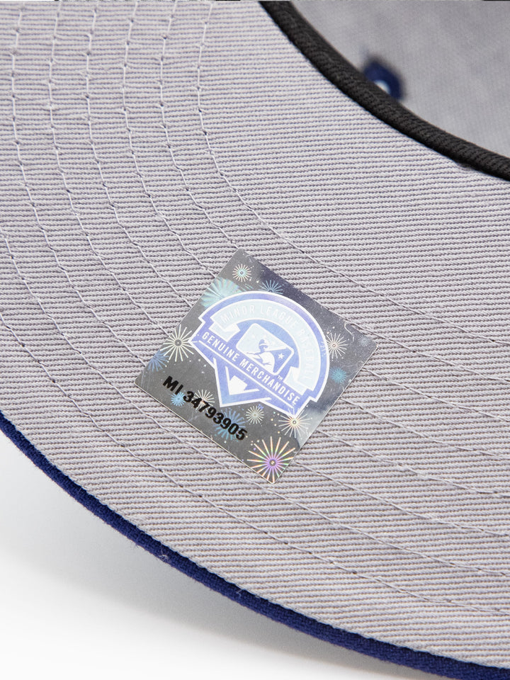 Santa Barbara Dodgers New Era 9FIFTY Royal Blue Snapback Hat Sticker Detail - Quality Headwear with SB dodgers embroidery. Available at Wolf's Head. Ships free in the US for order $35+