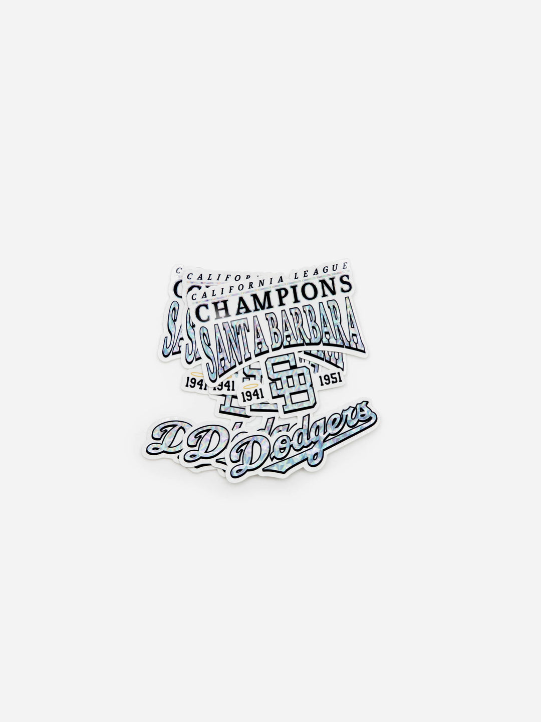 Santa Barbara Dodgers Prismatic Stickers free with any SB Dodger's New Era Hat Order. Available at Wolf's Head. Ships free in the US for orders $35.