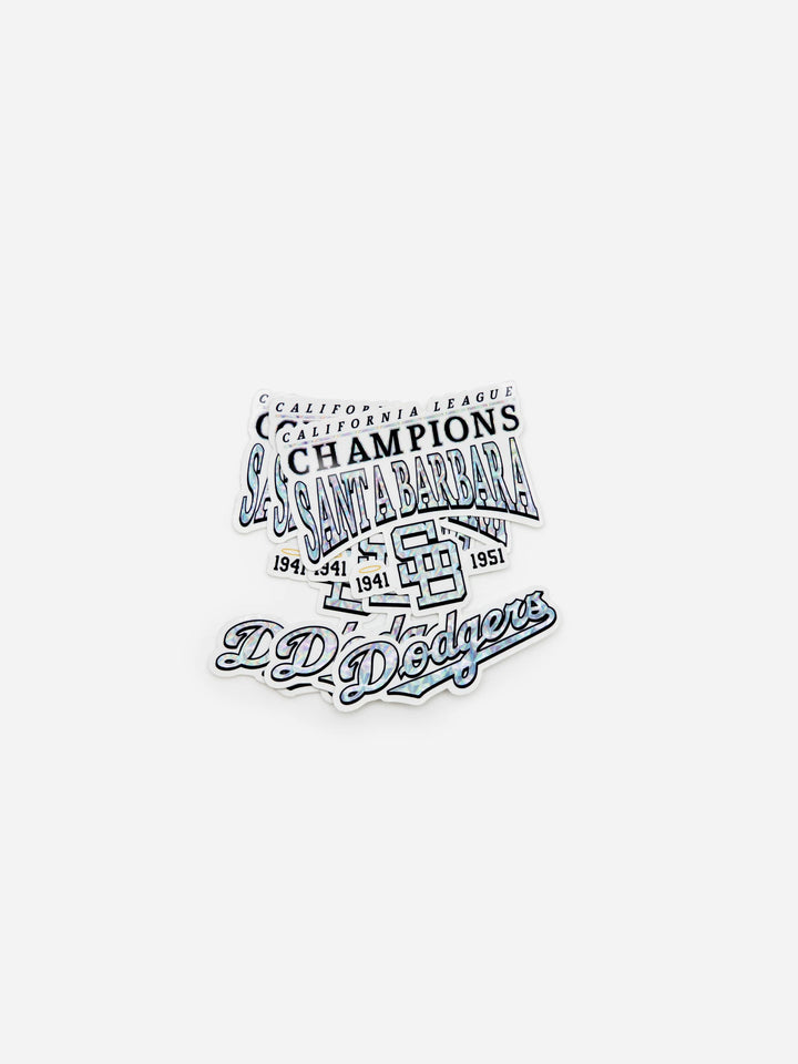 Santa Barbara Dodgers Prismatic Stickers free with any SB Dodger's New Era Hat Order. Available at Wolf's Head. Ships free in the US for orders $35.