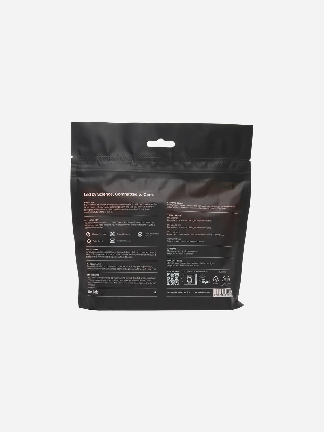 The Lab Complete Hat Care Kit back of packaging. Probiotic formula, vegan certified, biodegradable. Available at Wolf's Head.
