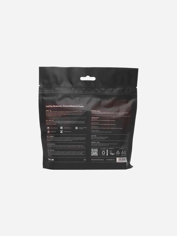 The Lab Complete Hat Care Kit back of packaging. Probiotic formula, vegan certified, biodegradable. Available at Wolf's Head.