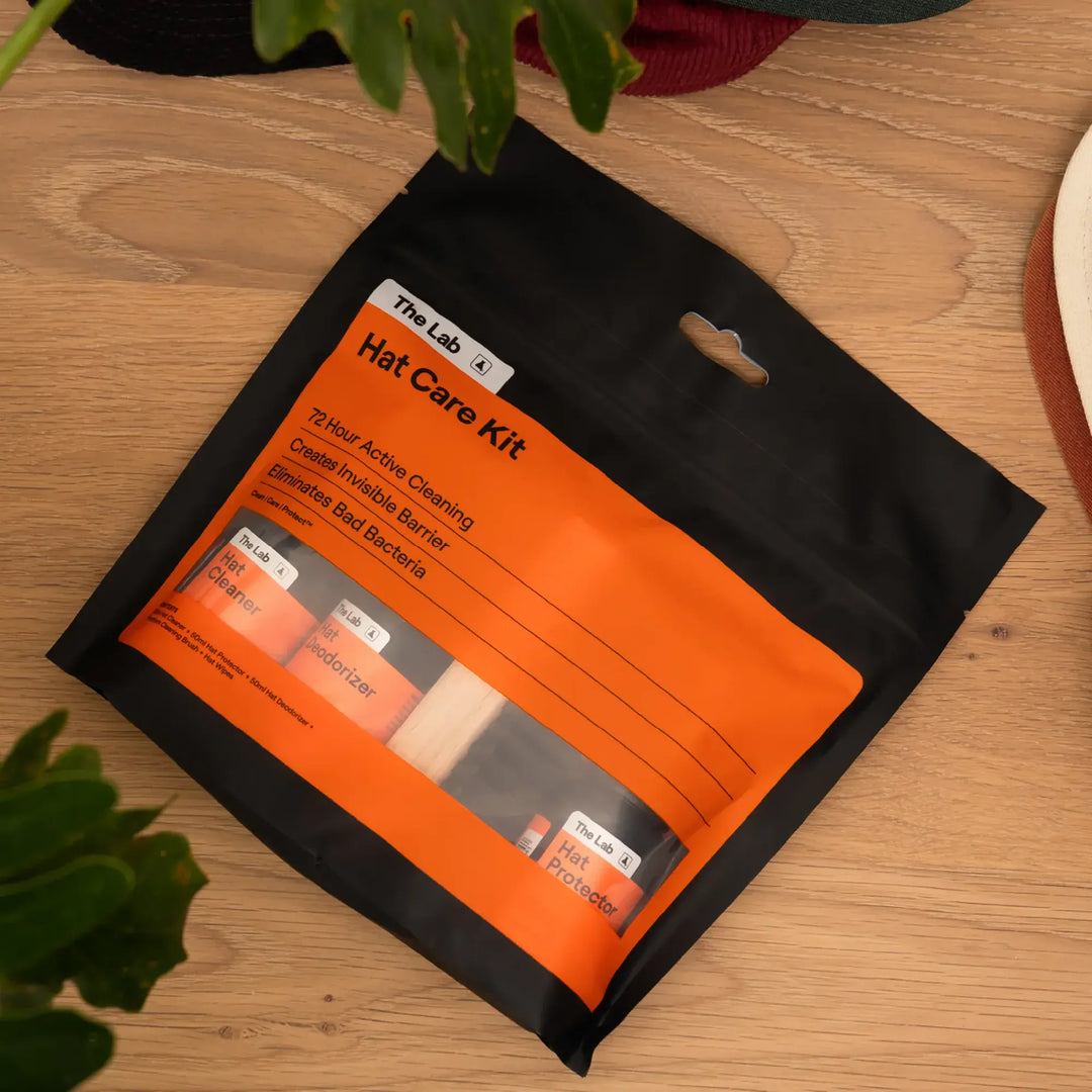 The Lab Hat Care Kit packaging made from up to 40% upcycled plastic. Biodegradable, non-toxic, vegan certified by The Vegan Society. Available at Wolf's Head.
