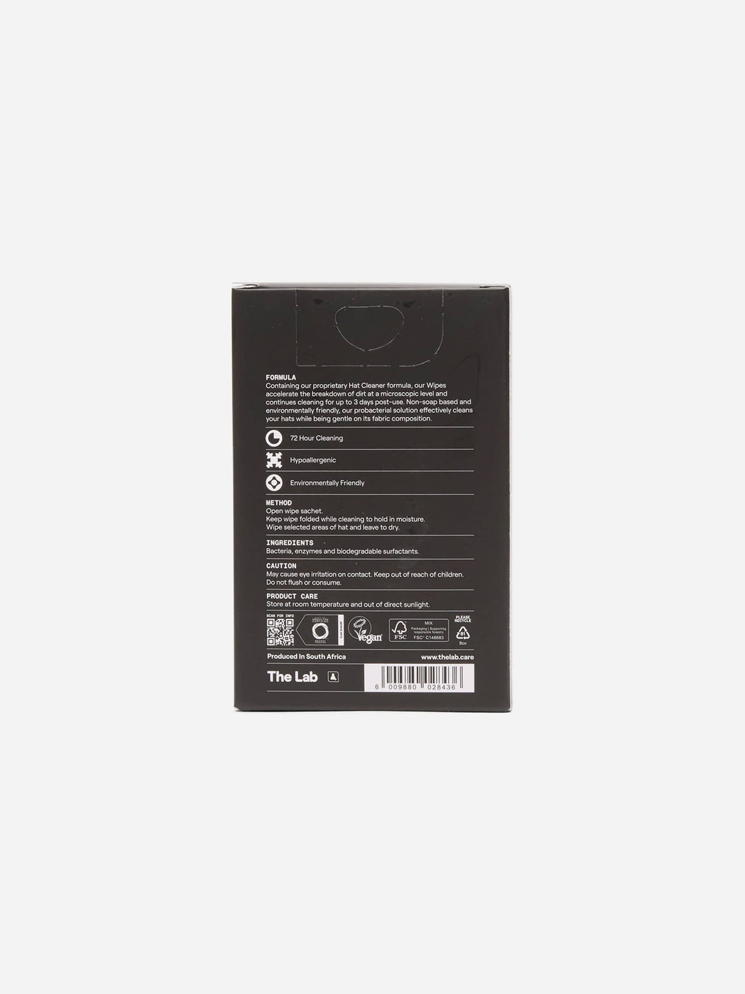 The Lab Hat Care Wipes 12 pack back of packaging. Bacteria enzymes and biodegradable surfactants. Vegan certified by The Vegan Society. Available at Wolf's Head.