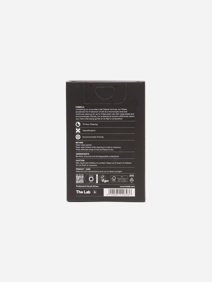 The Lab Hat Care Wipes 12 pack back of packaging. Bacteria enzymes and biodegradable surfactants. Vegan certified by The Vegan Society. Available at Wolf's Head.