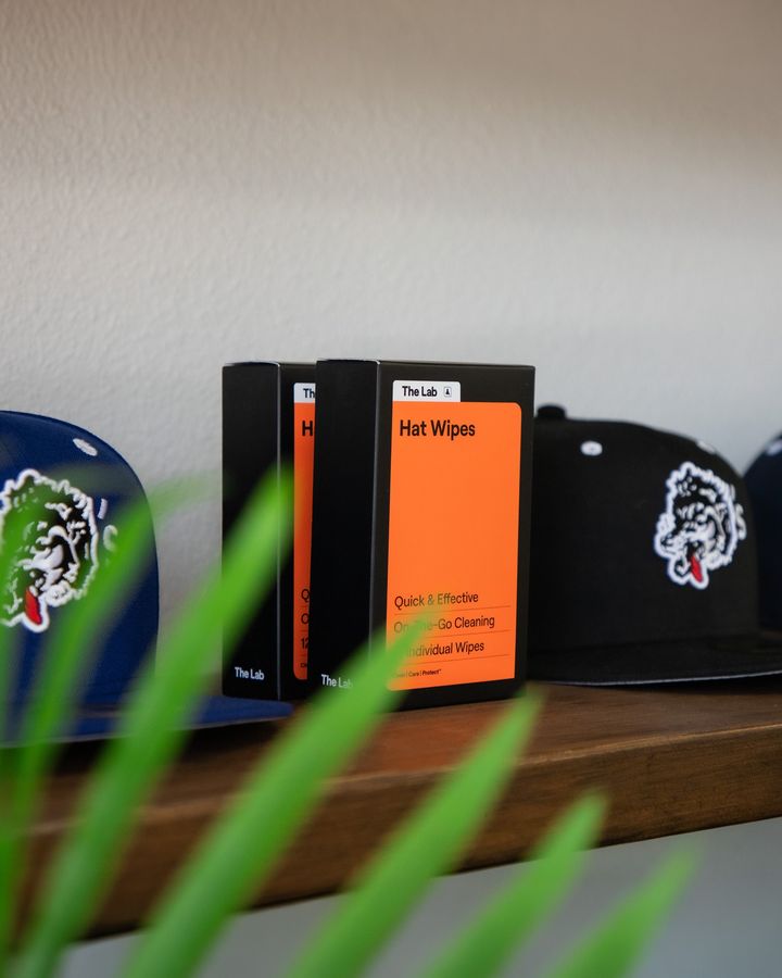 The Lab Hat Care Wipes 12 pack on the go hat cleaning solution. Keep one in your bag your car or your locker. Available at Wolf's Head.