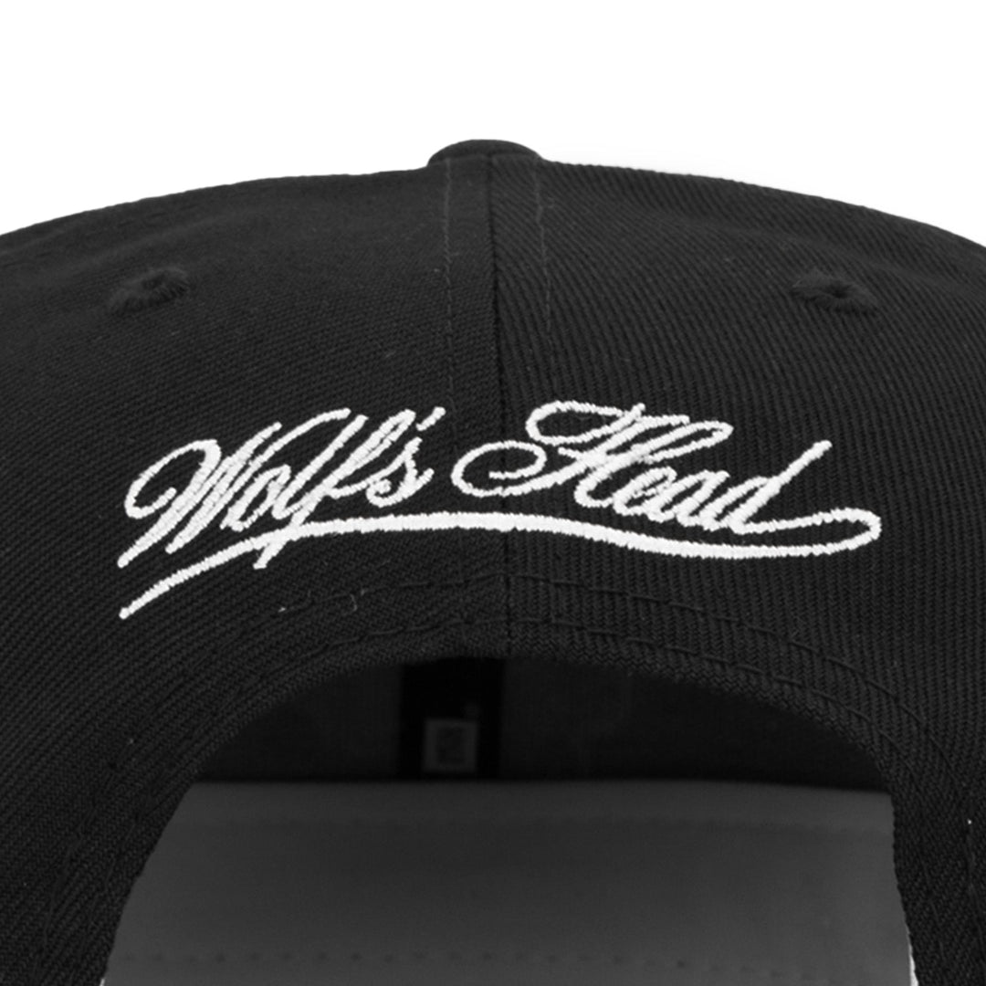 Wolf’s Head x New Era Black 9FIFTY Snapback Hat – Back Detail - Quality Headwear & Classic Streetwear Baseball Cap. Available at Wolf's Head.