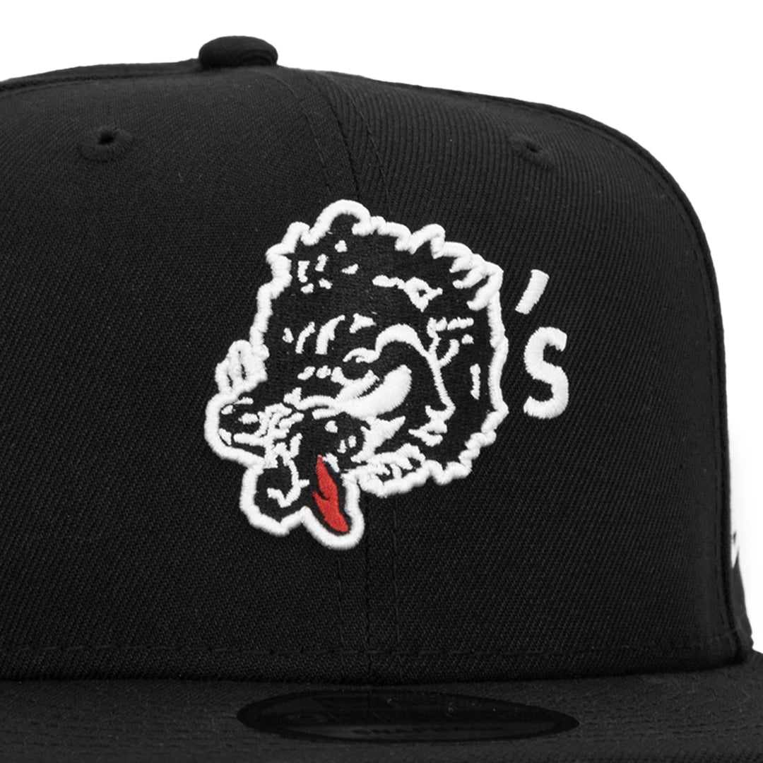 Wolf’s Head x New Era Black 9FIFTY Snapback Hat – Front Detail - Quality Headwear & Classic Streetwear Baseball Cap. Available at Wolf's Head.