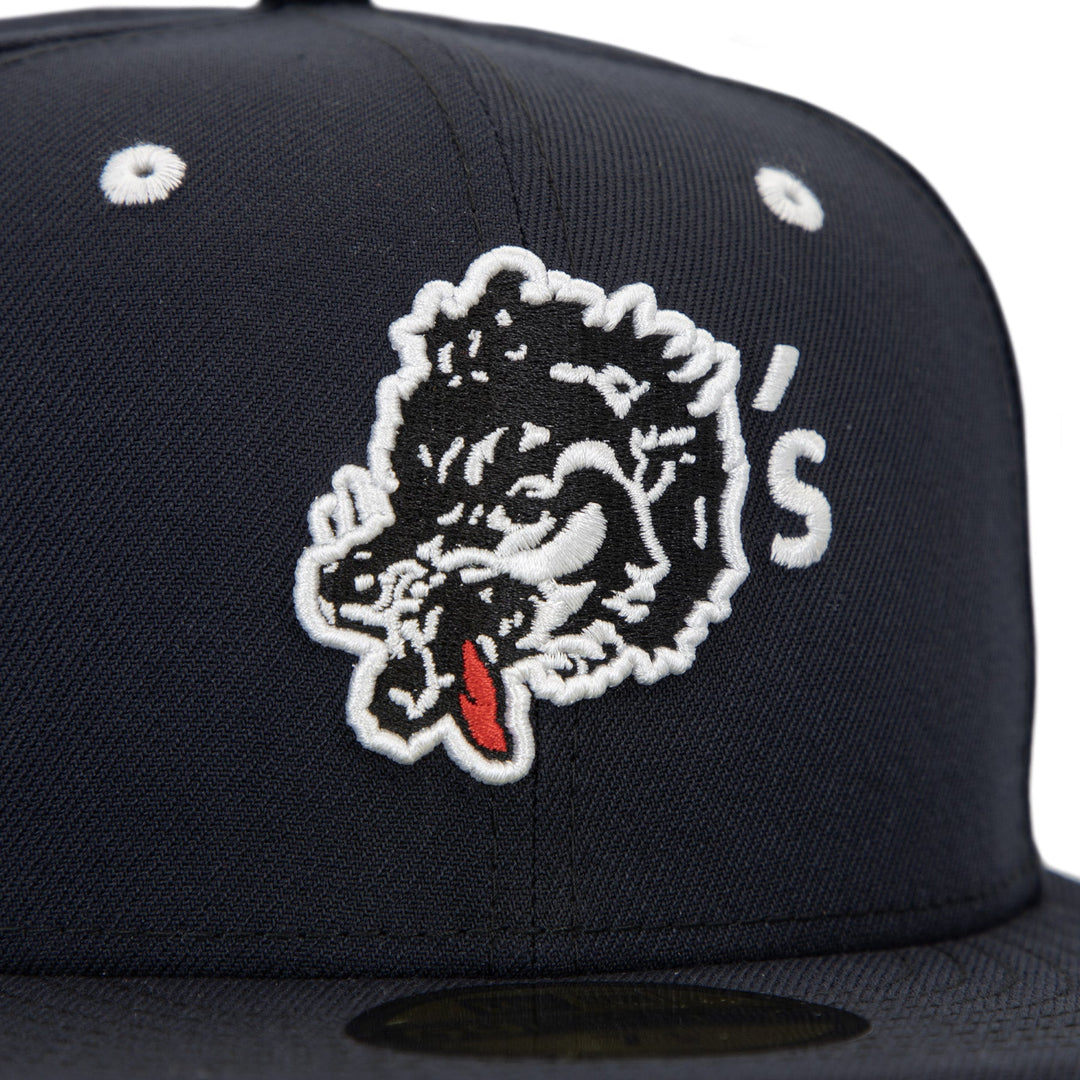 Wolf’s Head x New Era Yankees Navy 59FIFTY Fitted Hat – Front Detail - Quality Headwear & Classic Streetwear Baseball Cap. Available at Wolf's Head.