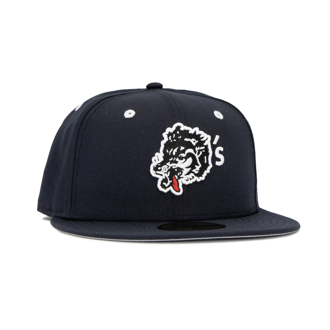 Wolf’s Head x New Era Yankees Navy 59FIFTY Fitted Hat – Front Right - Quality Headwear & Classic Streetwear Baseball Cap. Available at Wolf's Head.