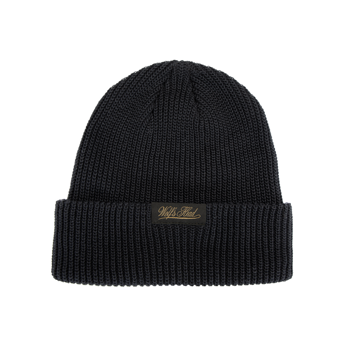 Wolf’s Head Script Label Shaker Knit Beanie – Black Front View