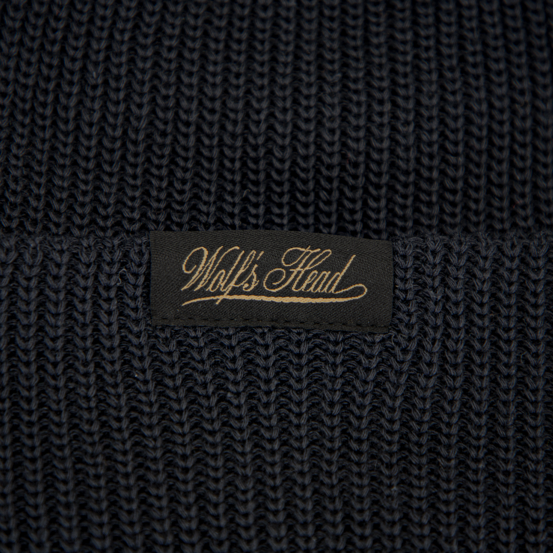 Wolf’s Head Script Label Shaker Knit Beanie – Black Label Detail Close-Up