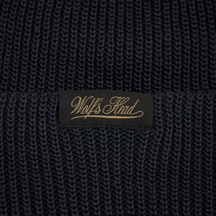 Wolf’s Head Script Label Shaker Knit Beanie – Black Label Detail Close-Up