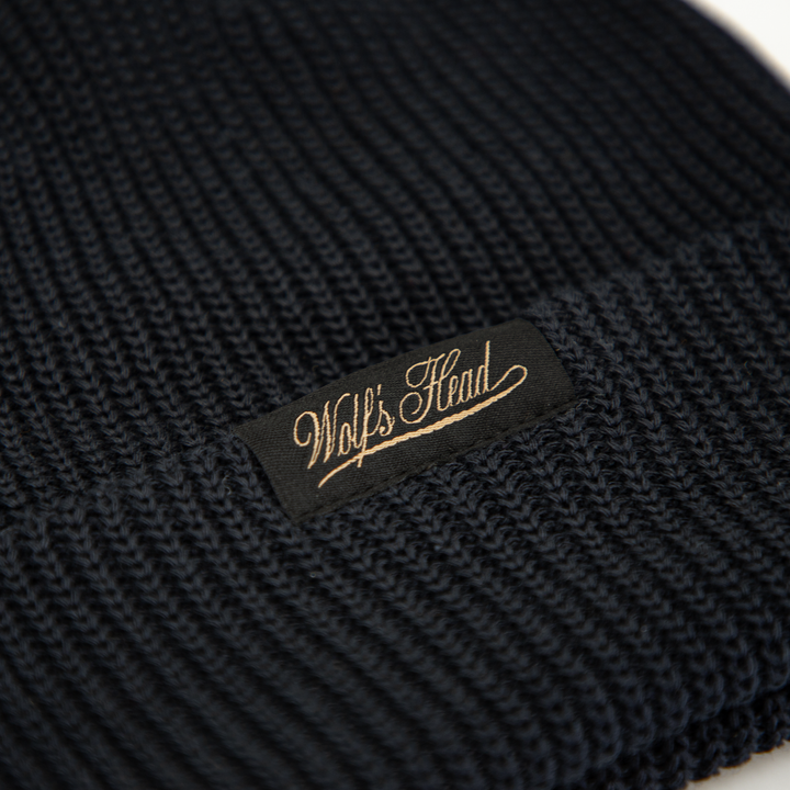 Wolf’s Head Script Label Shaker Knit Beanie – Black Label Detail Close-Up