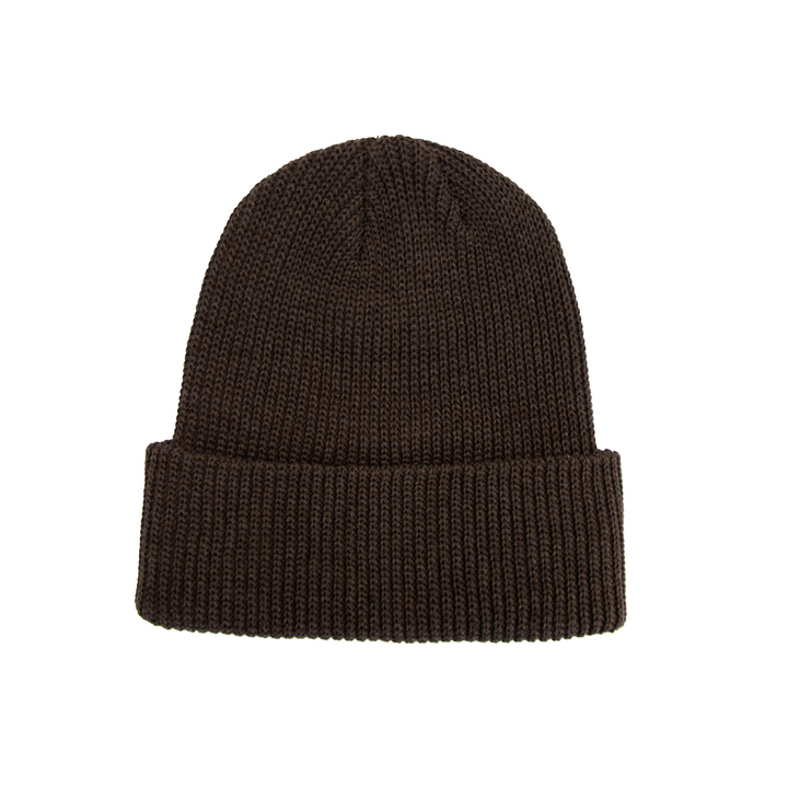 Wolf’s Head Script Label Shaker Knit Beanie – Brown Back View