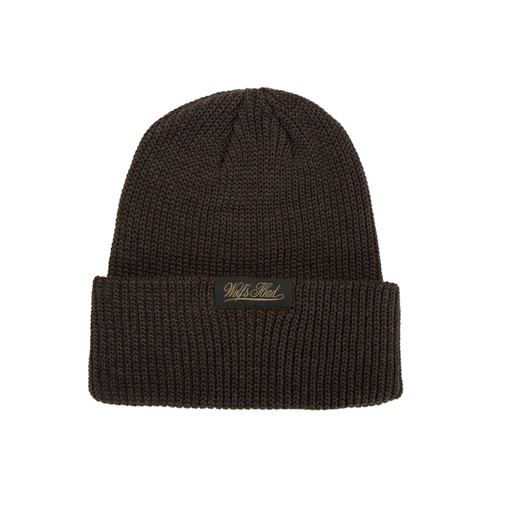 Wolf’s Head Script Label Shaker Knit Beanie – Brown Front View