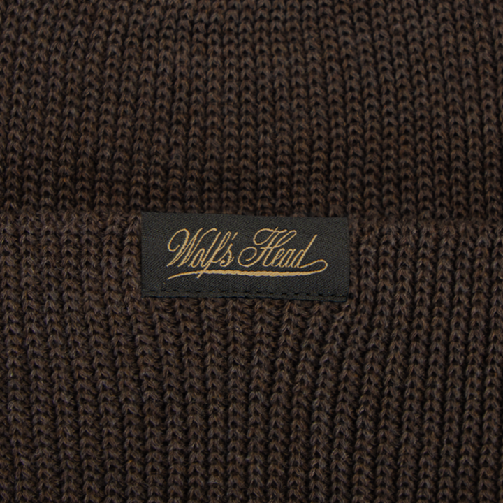 Wolf’s Head Script Label Shaker Knit Beanie – Brown Label Detail Close-Up