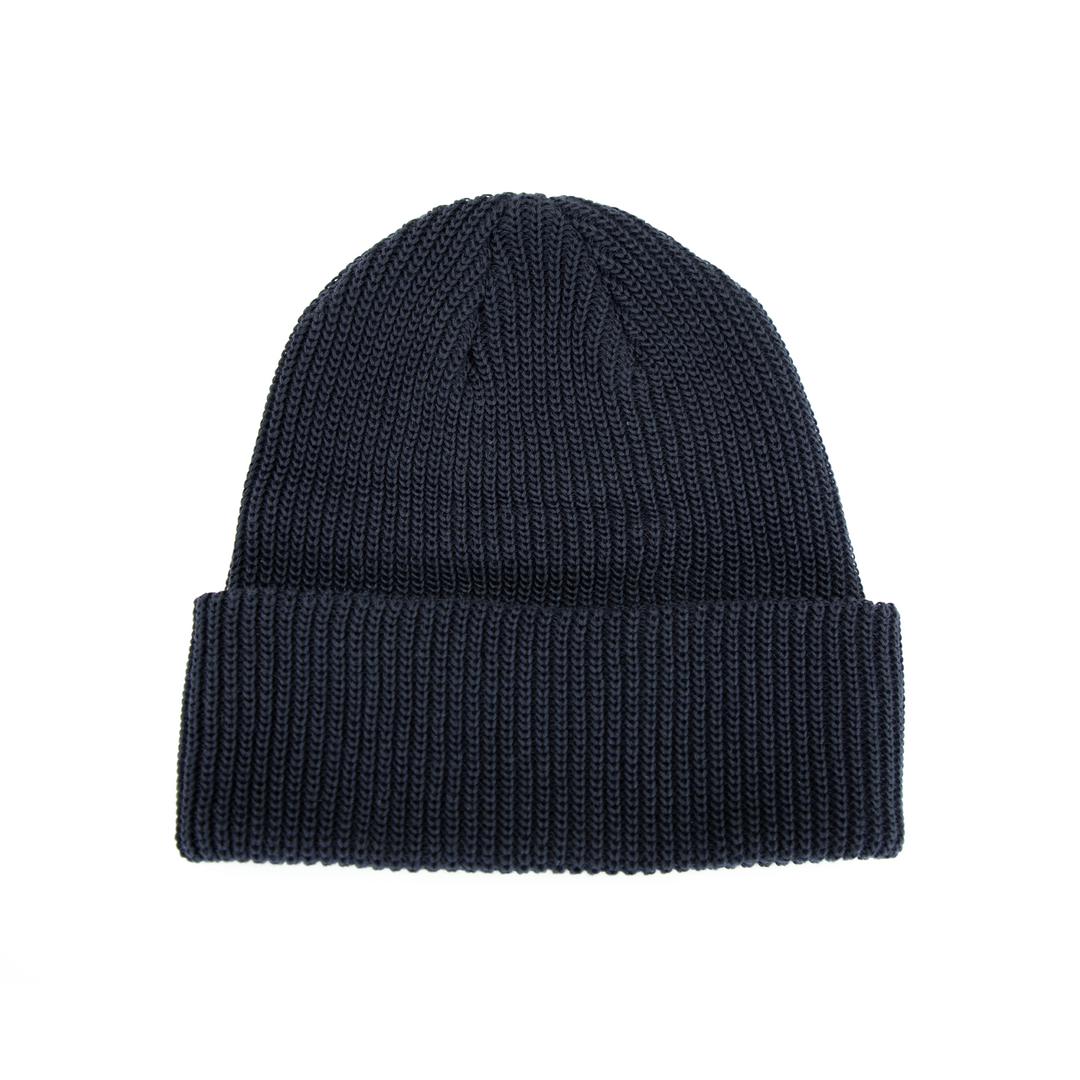 Wolf’s Head Script Label Shaker Knit Beanie – Navy Back View