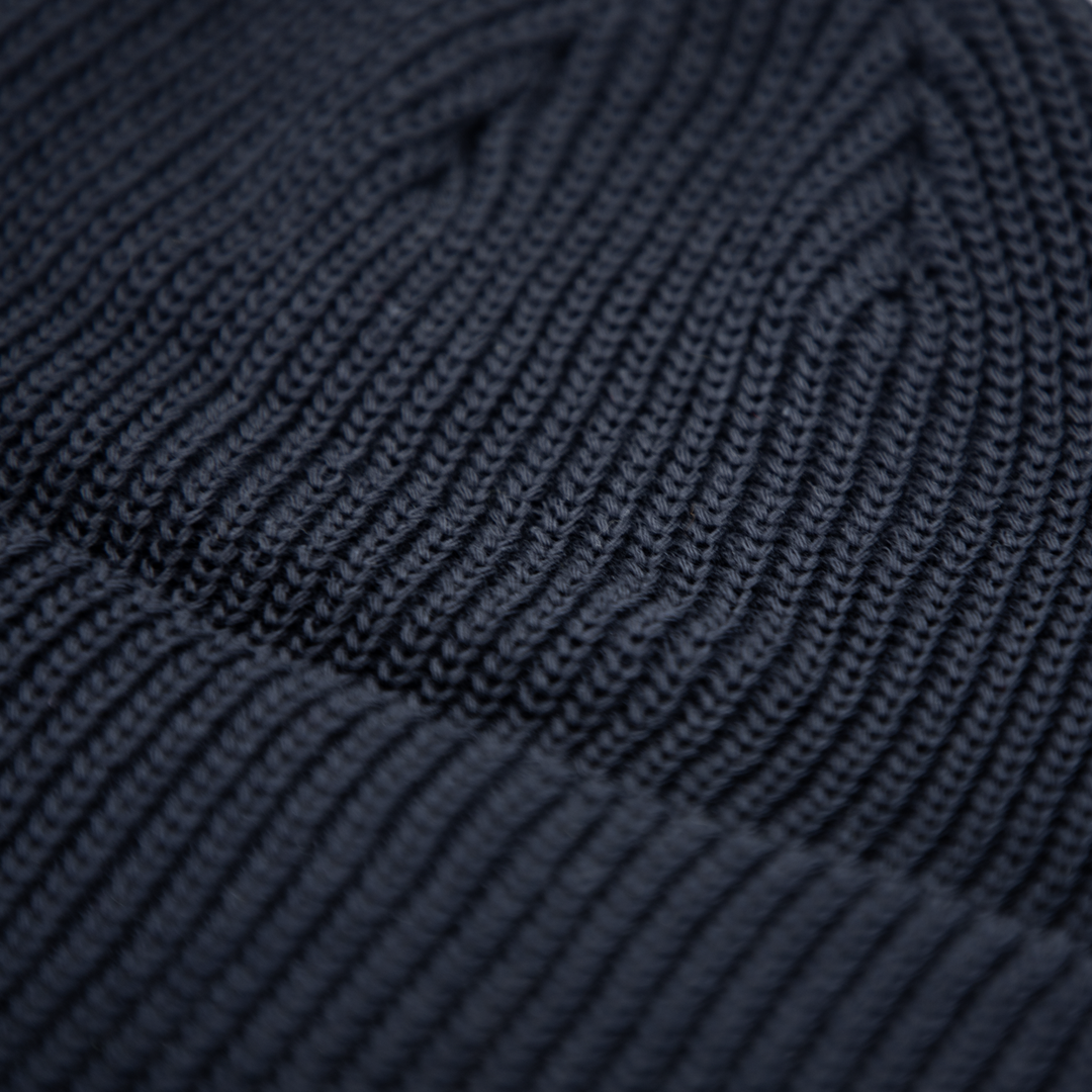 Wolf’s Head Script Label Shaker Knit Beanie – Navy Detail Close-Up