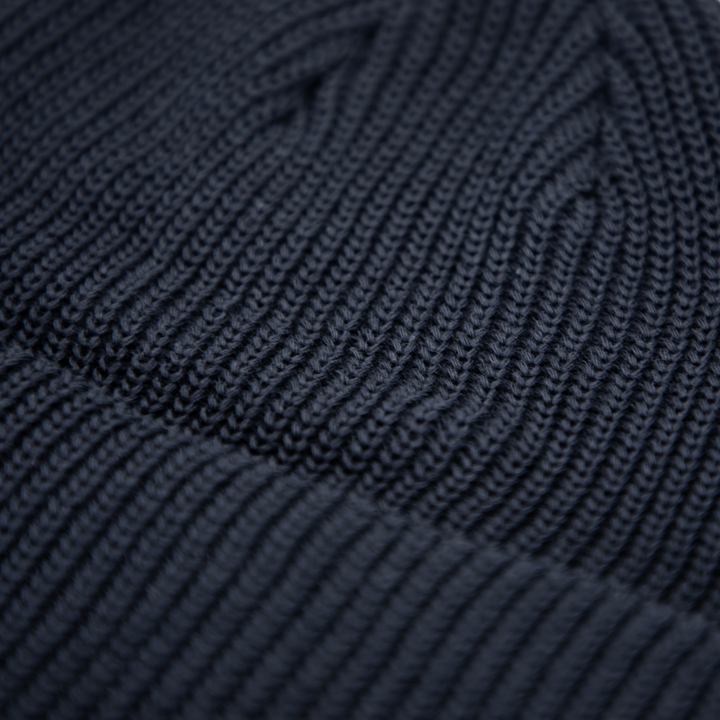 Wolf’s Head Script Label Shaker Knit Beanie – Navy Detail Close-Up