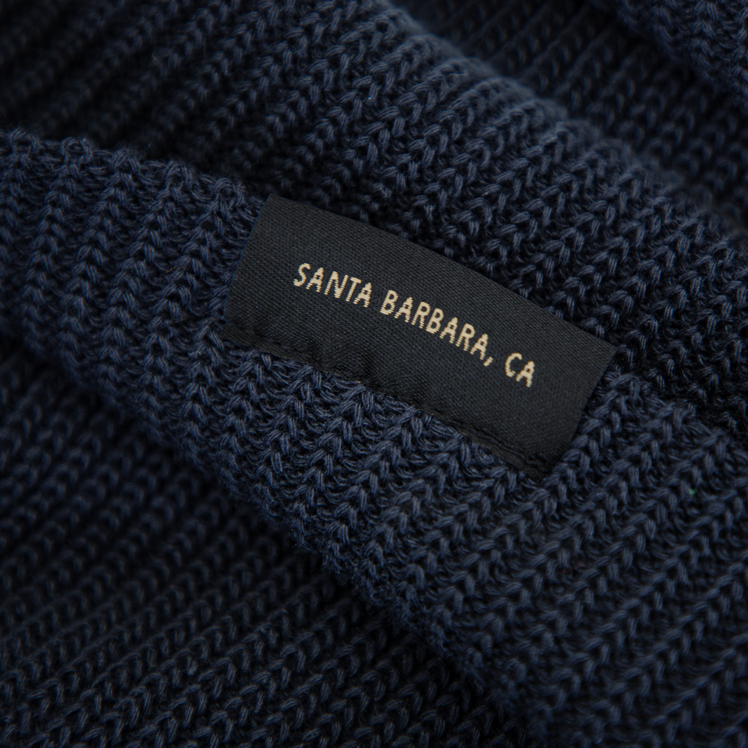 Wolf’s Head Script Label Shaker Knit Beanie – Navy Inside Label Detail Close-Up