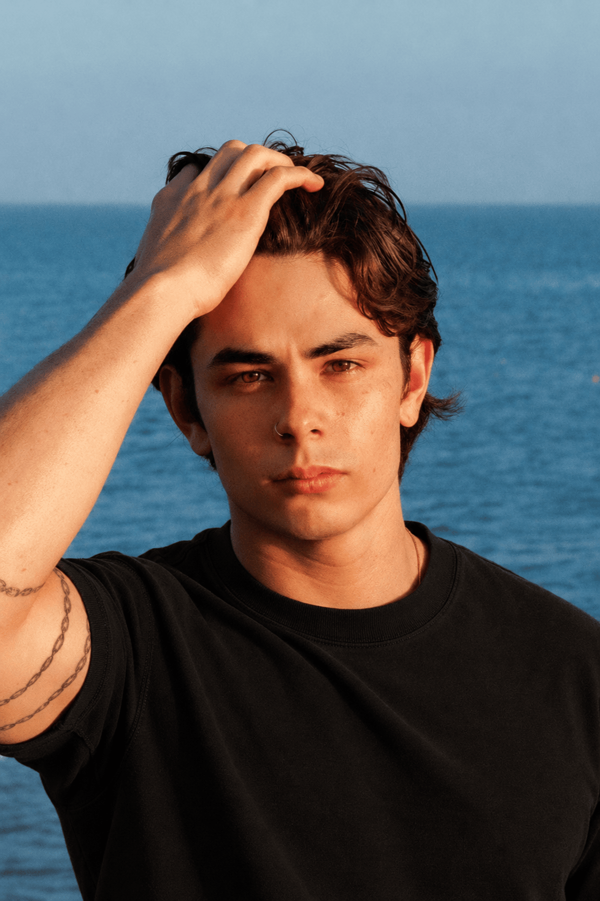 Model wearing the Wolf's Head black heavyweight T-Shirt, 10.5oz combed cotton sewn in Los Angeles