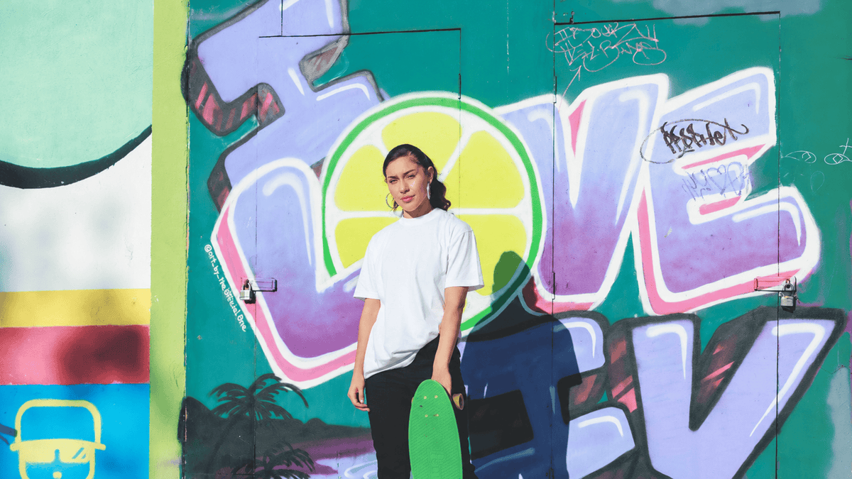 Skater wearing the Wolf's Head white heavyweight T-Shirt, 10.5oz combed cotton