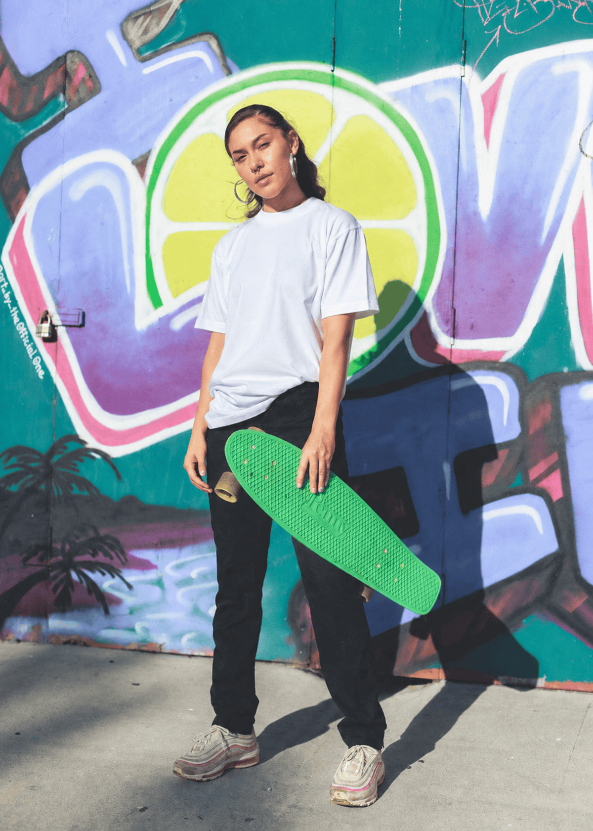 Skater wearing the Wolf's Head white heavyweight T-Shirt, 10.5oz combed cotton