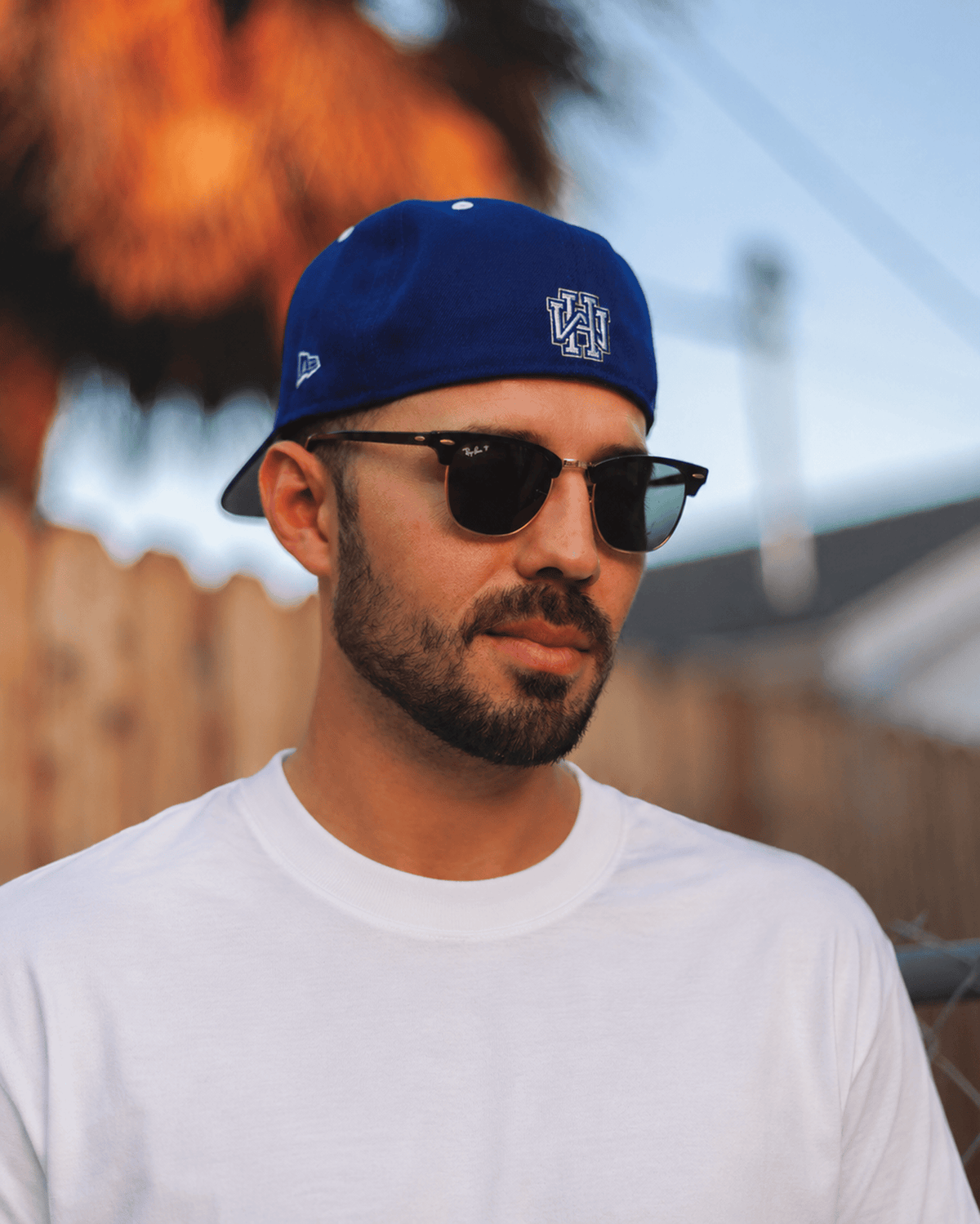Model wearing the Wolf's Head white heavyweight T-Shirt, 10.5oz combed cotton made in Los Angeles